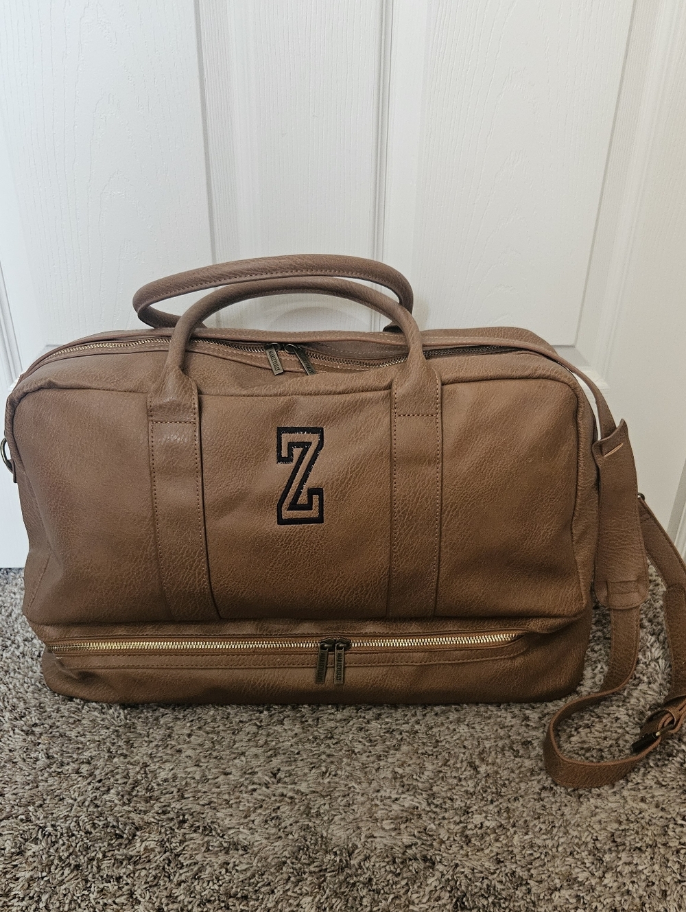 MarleyLilly Brown Faux Leather Duffel Bag Monogram “Z” Travel Gym Overnight
